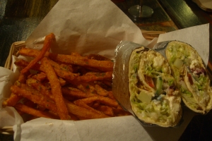 Heaven on sale for $8.50: sweet potato french fries and a vegetarian lavash wrap at Spitz.